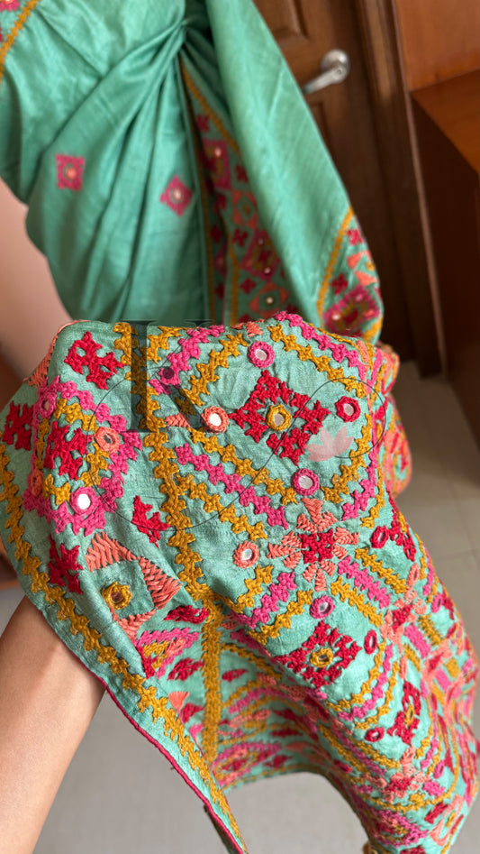 Kutch Embroidery with real mirror work Pure Gaji Tussar Silk Saree - Green