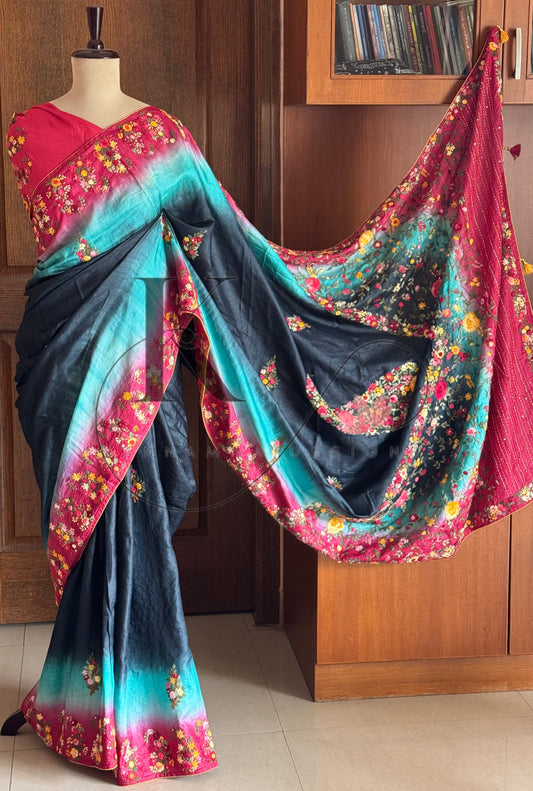 Hand Embroidered Pure Tussar Silk Saree - Black,Red & Blue