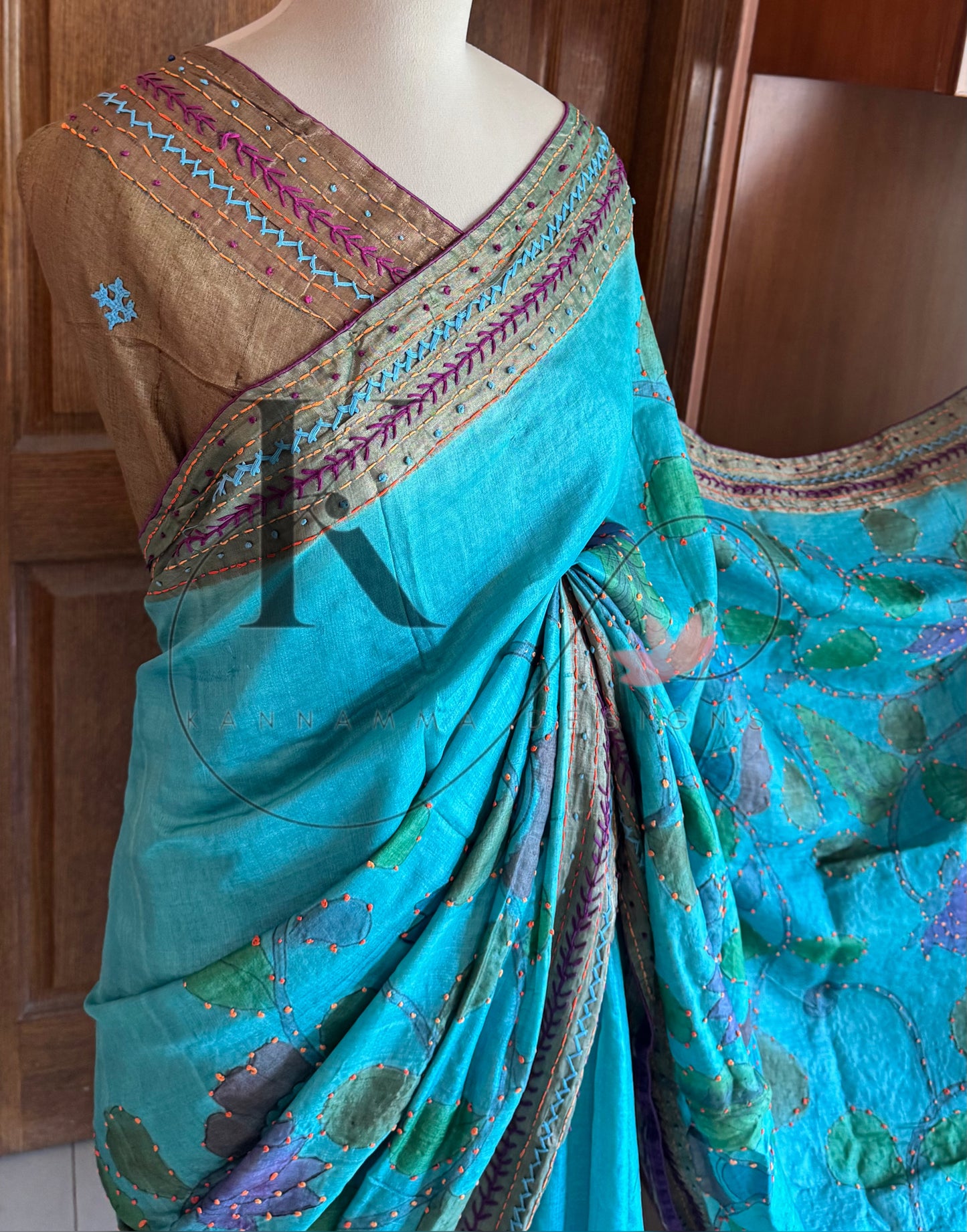 Hand Painted & Hand Embroidered Pure Tussar Silk Saree - Blue