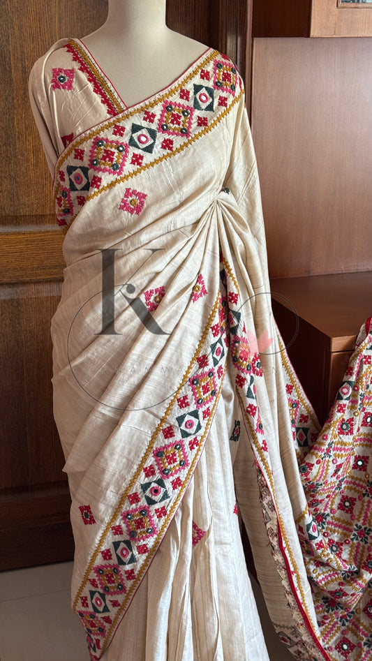 Kutch Embroidery with real mirror work Pure Gaji Tussar Silk Saree - Tussar Beige