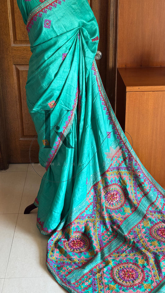 Kutch Embroidery with real mirror work Pure Gaji Tussar Silk Saree - Green