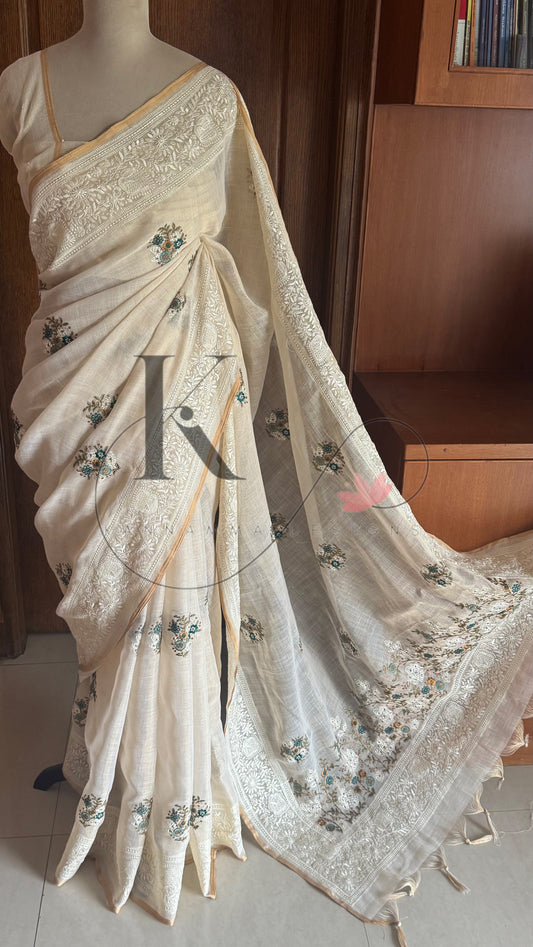 Premium Tissue Linen Sarees - Half White & Peacock Blue