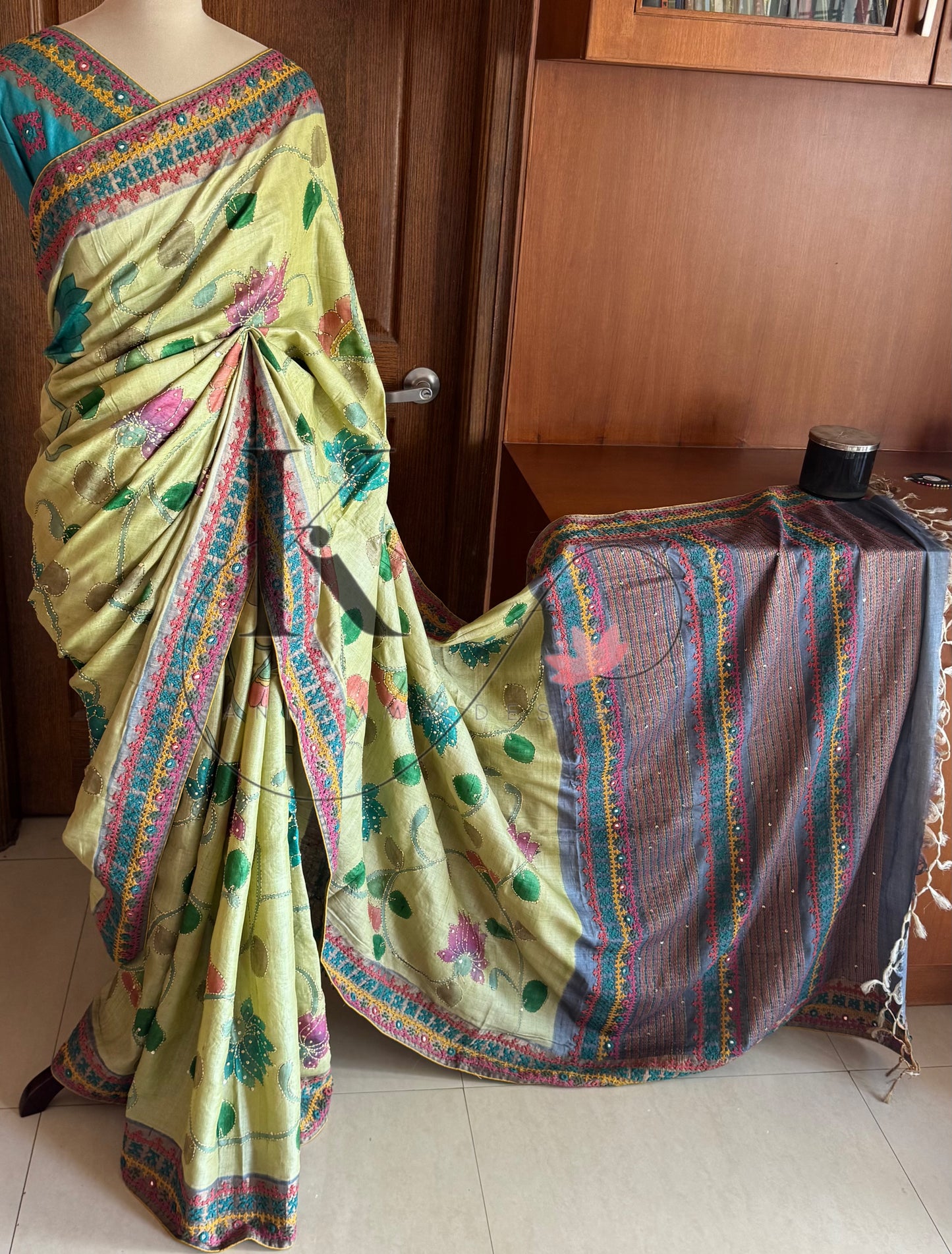 Hand Painted & Kutch Hand Embroidered Pure Tussar Silk Saree - Pastel Green