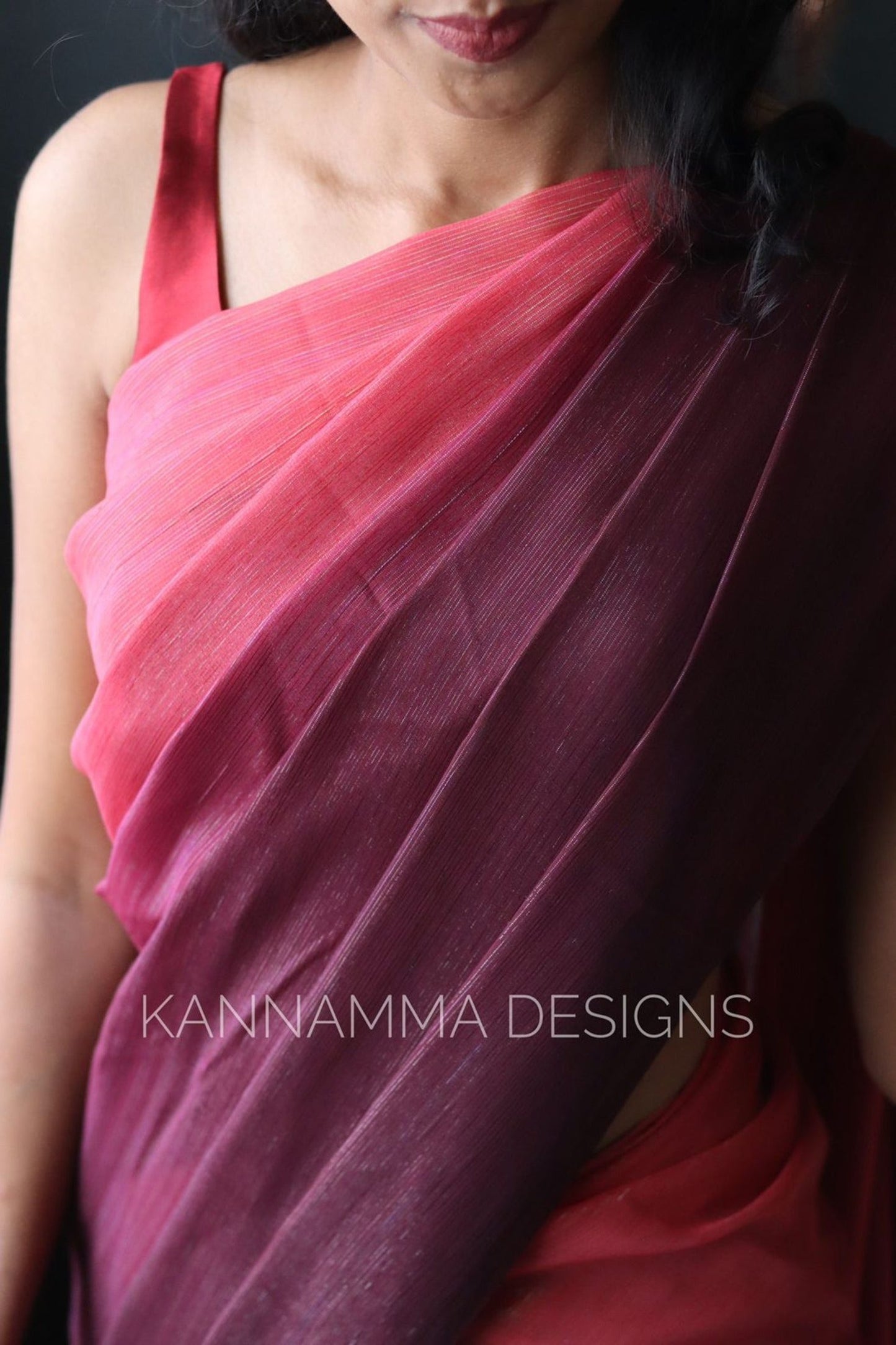Ombre Shimmer Georgette Saree -Peach pink& Burgandy(KS98)