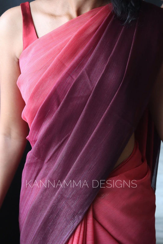 Ombre Shimmer Georgette Saree -Peach pink& Burgandy(KS98)