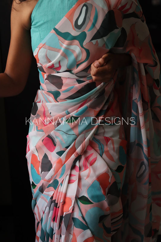 Abstract Print Saree - Blue (KS331)