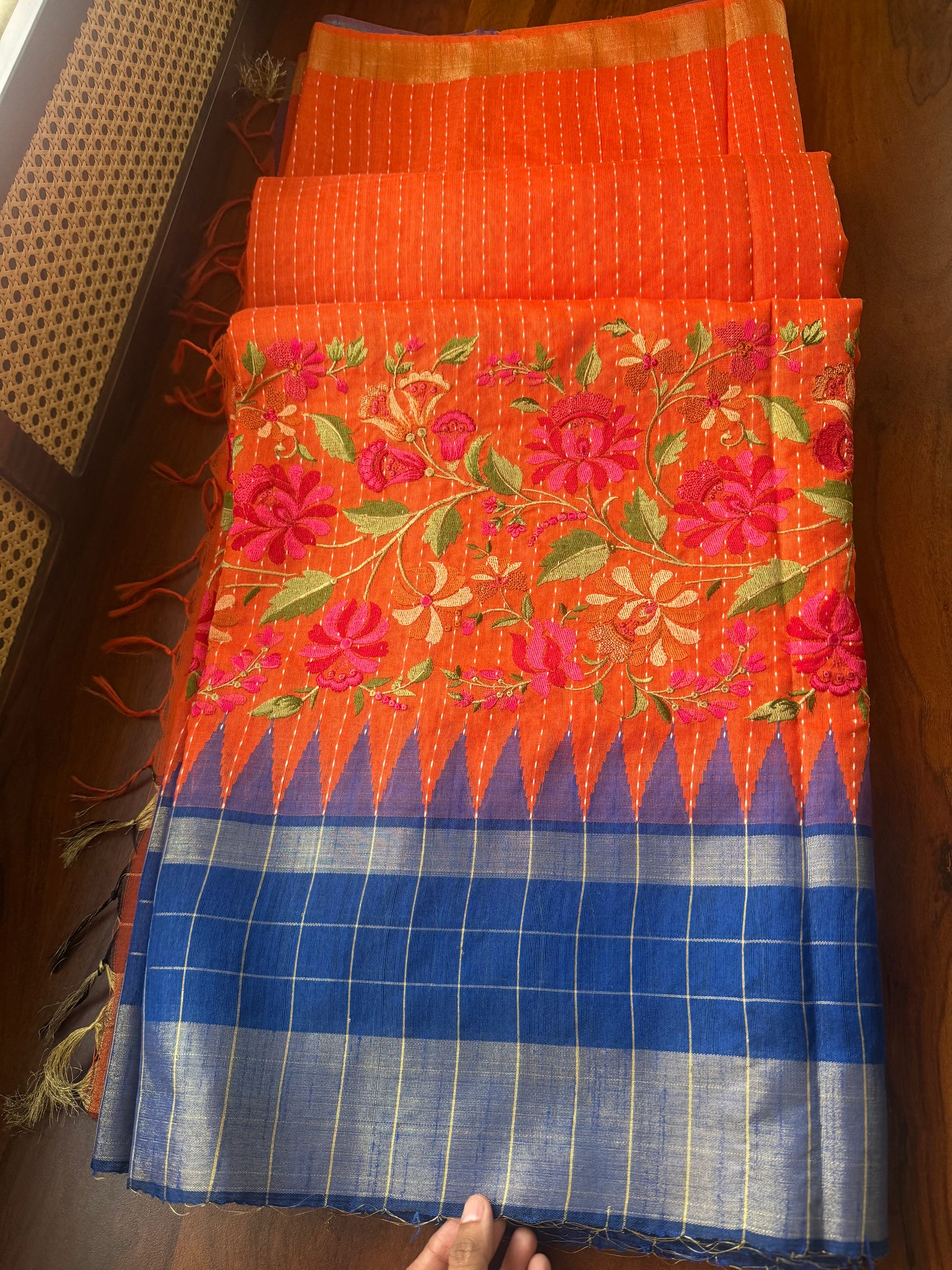 Semi Raw silk embroidered saree  - Orange & Blue checks