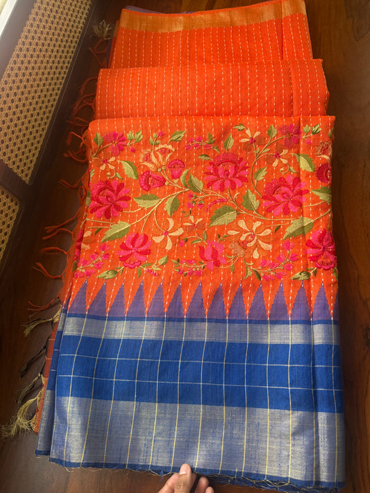 Semi Raw silk embroidered saree  - Orange & Blue checks