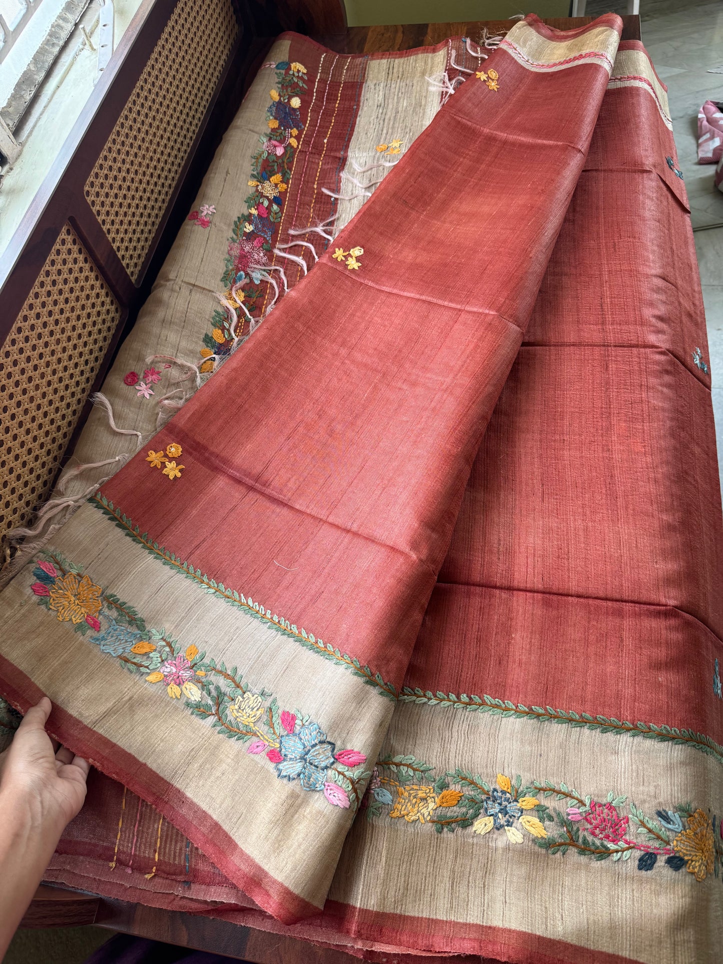 Hand Embroidered Pure Tussar Saree - Rustic Red