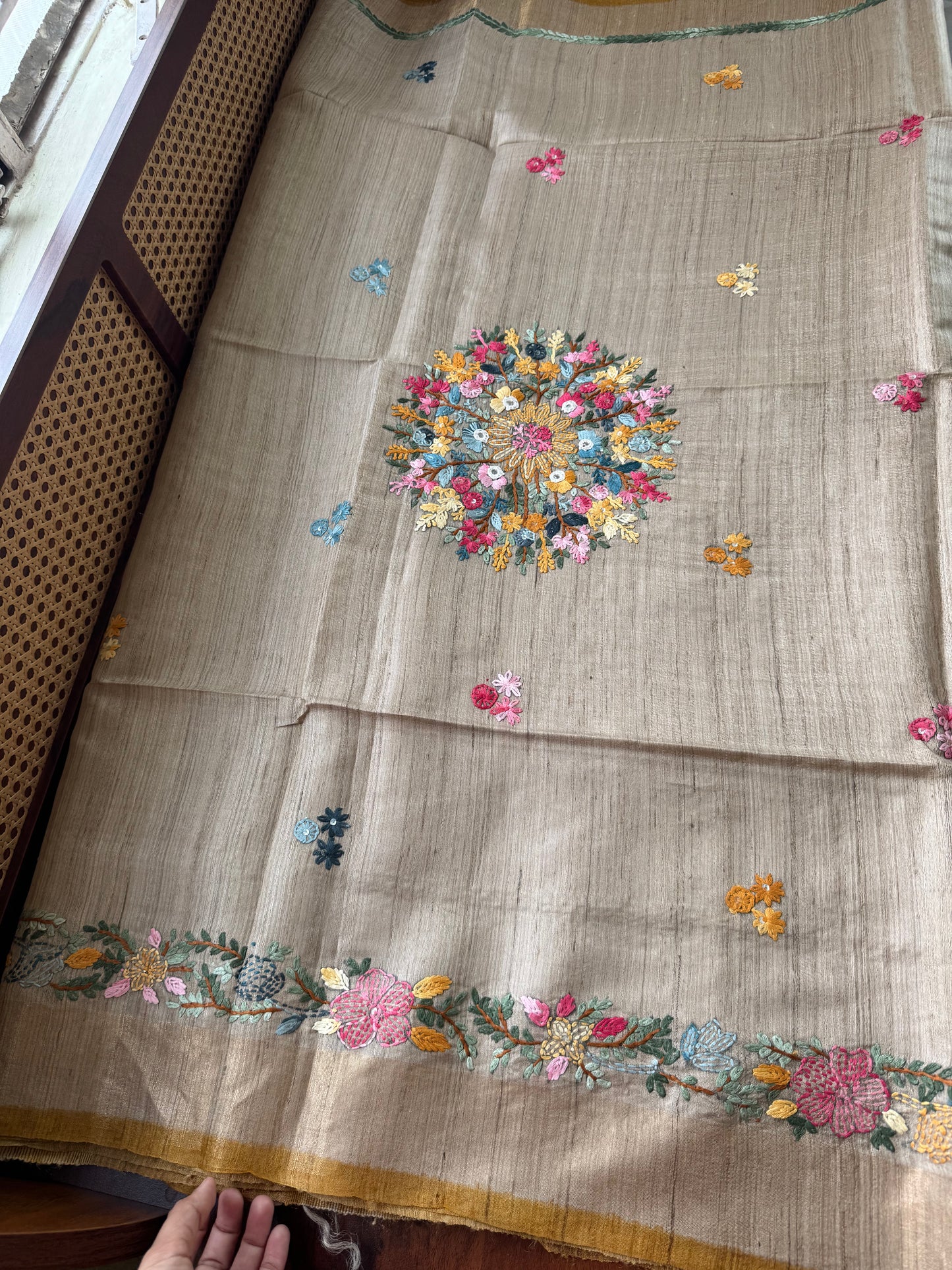 Hand Embroidered Pure Tussar Saree - Mustard Yellow