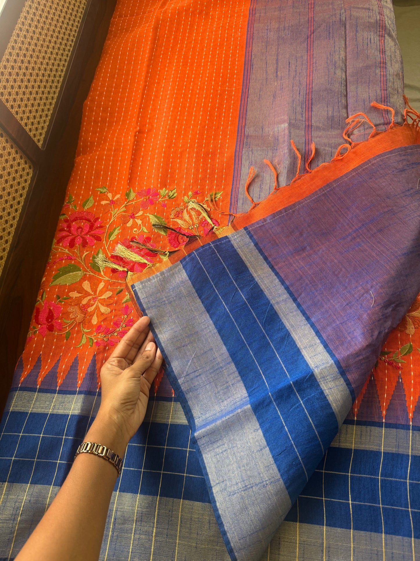 Semi Raw silk embroidered saree  - Orange & Blue checks