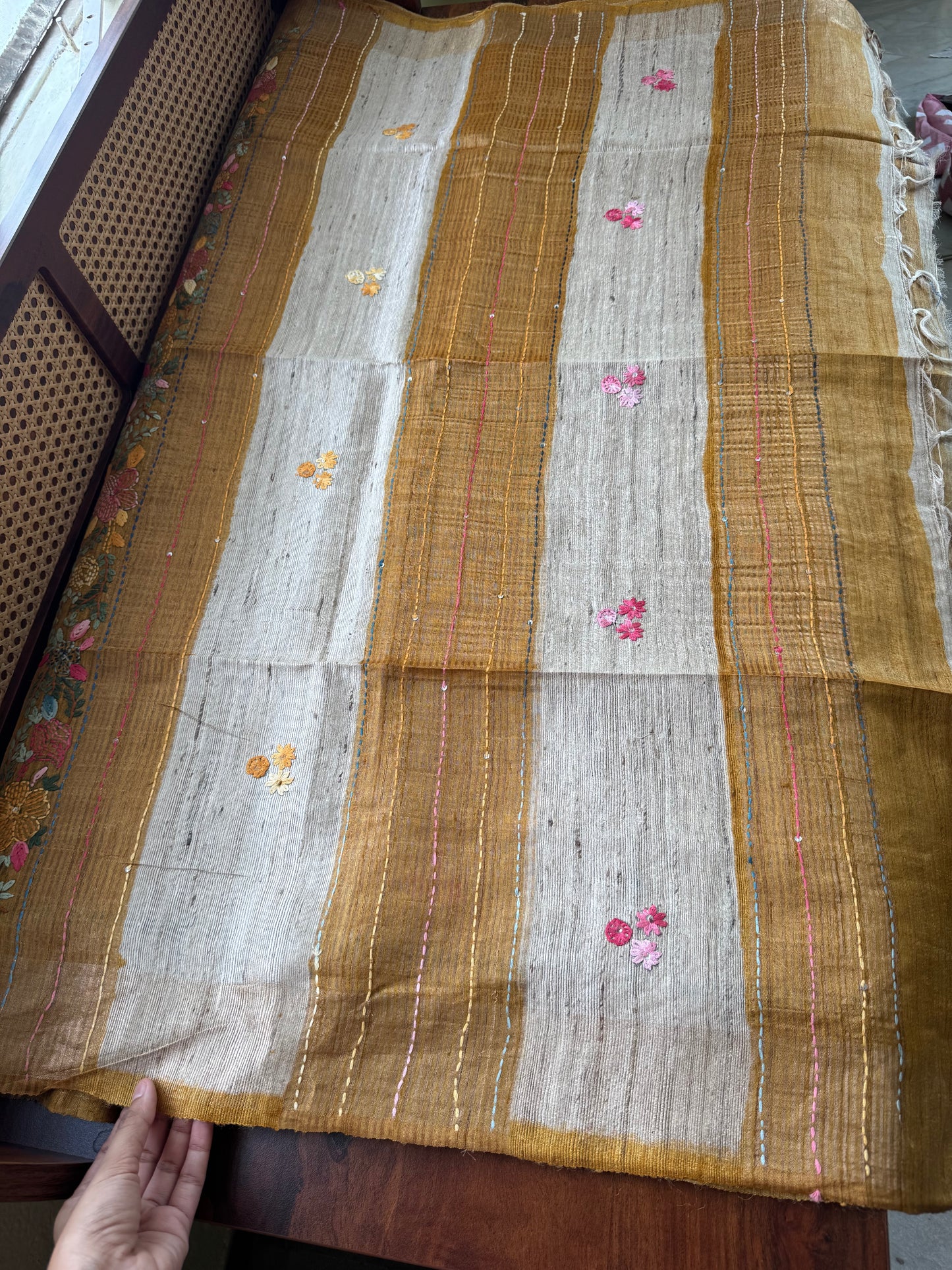 Hand Embroidered Pure Tussar Saree - Mustard Yellow
