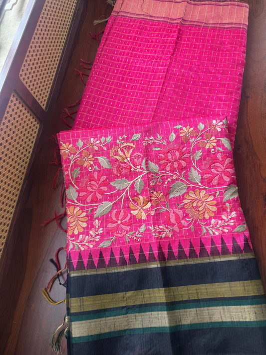 Semi Raw silk embroidered saree  - Pink & Black