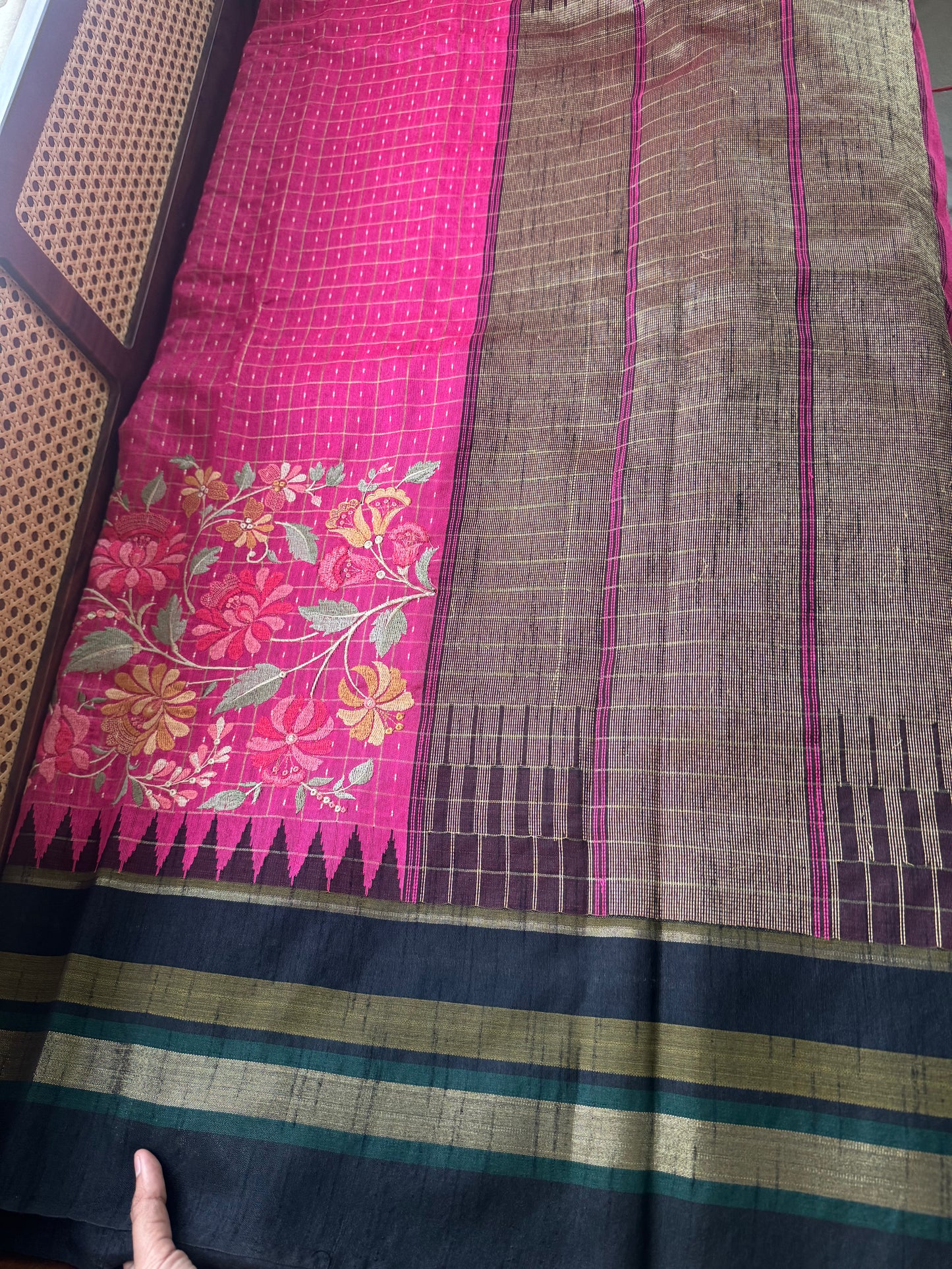 Semi Raw silk embroidered saree  - Pink & Black