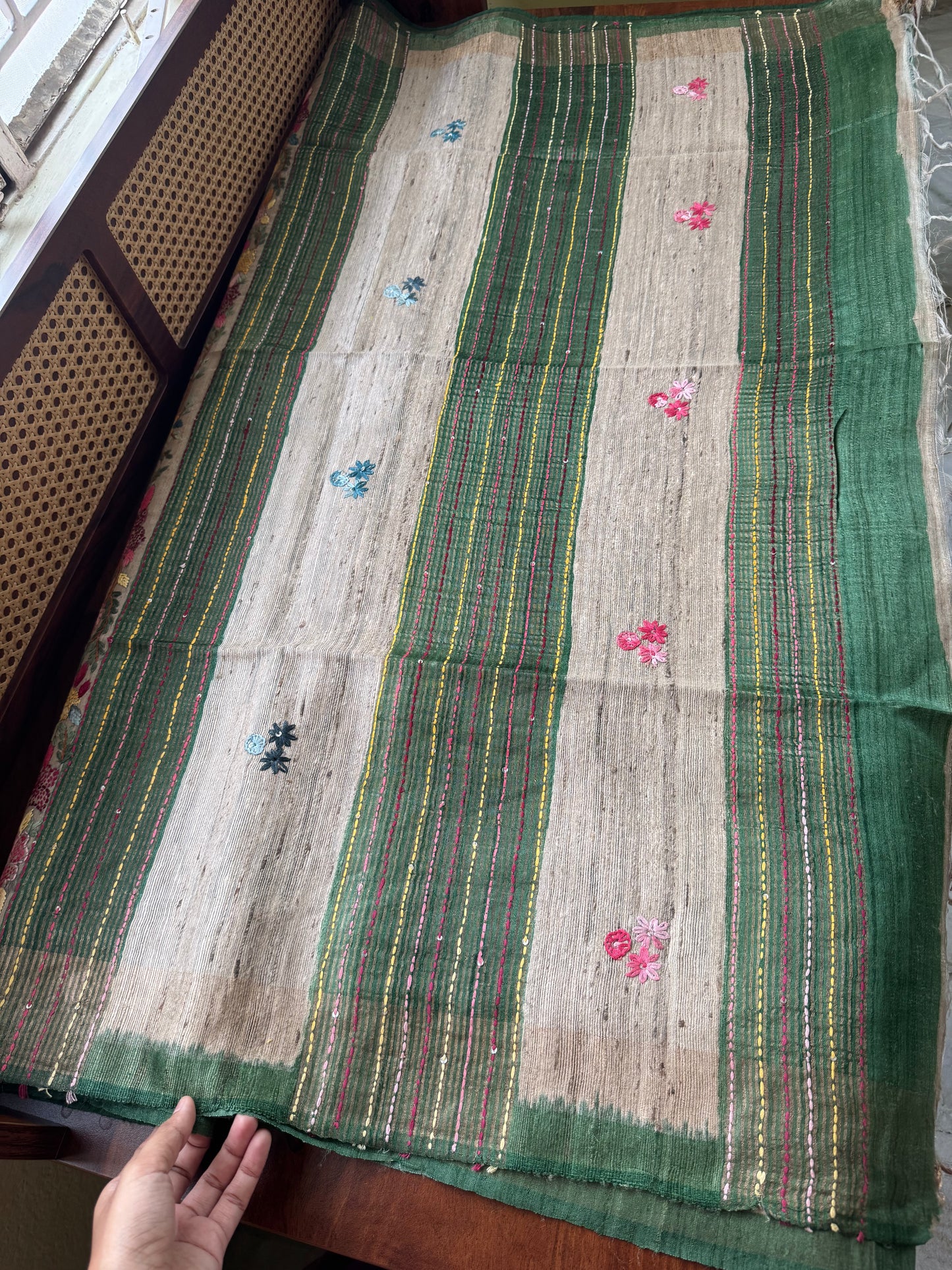 Hand Embroidered Pure Tussar Saree - Green