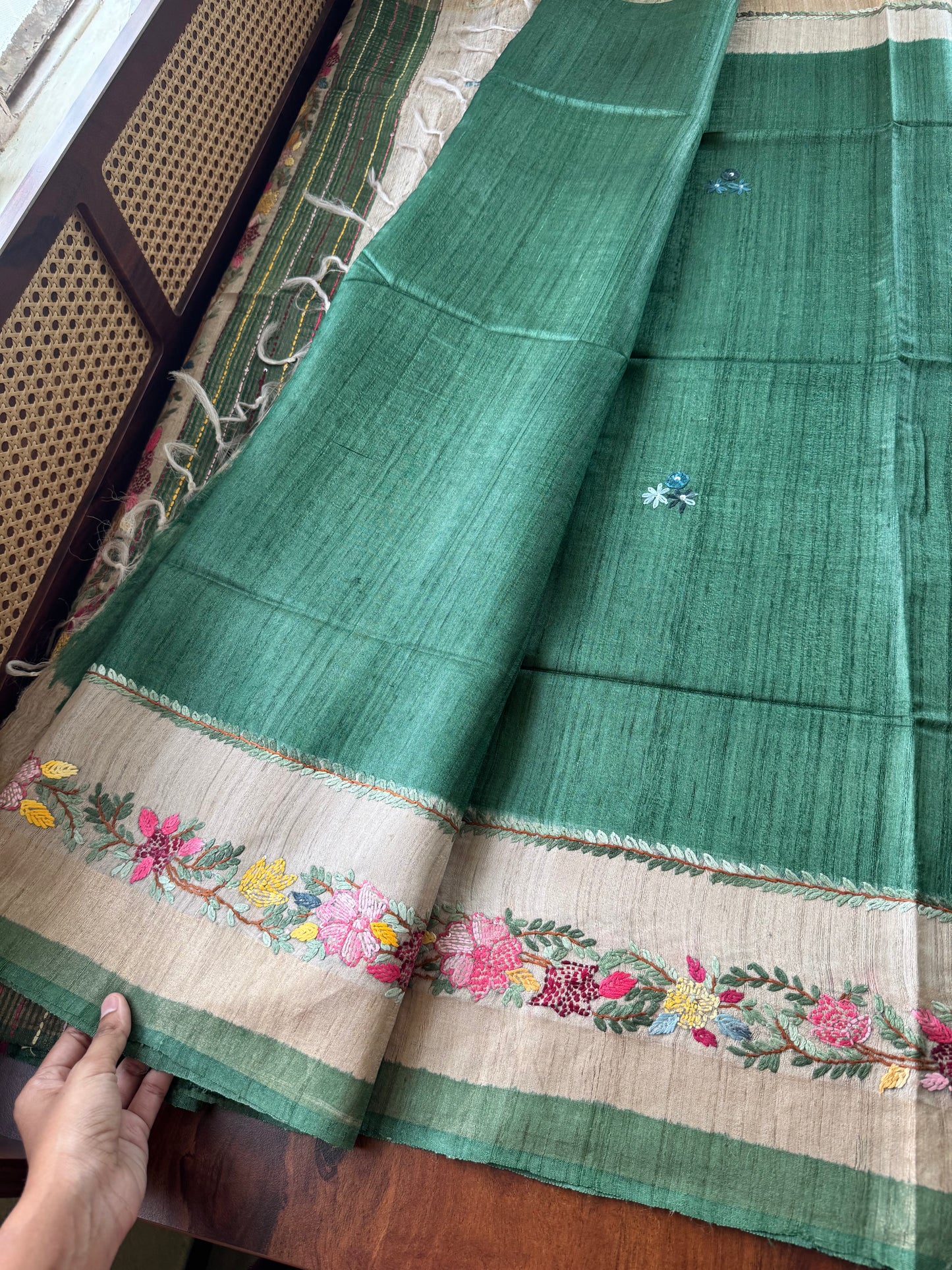 Hand Embroidered Pure Tussar Saree - Green