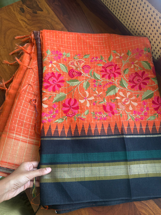 Semi Raw silk embroidered saree  - Orange & Black