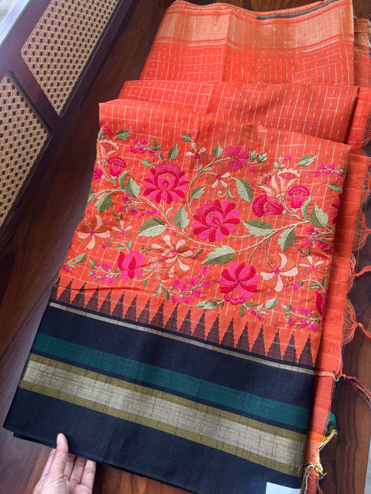 Semi Raw silk embroidered saree  - Orange & Black
