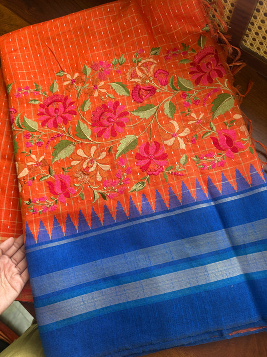 Semi Raw silk embroidered saree  - Orange & Blue