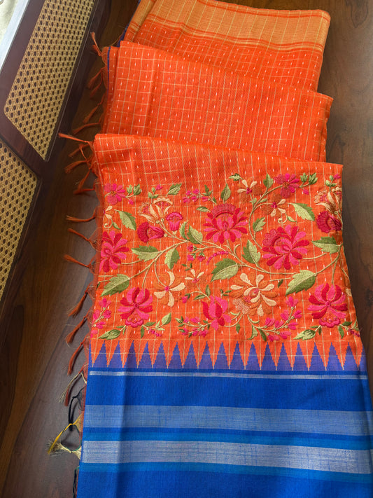 Semi Raw silk embroidered saree  - Orange & Blue