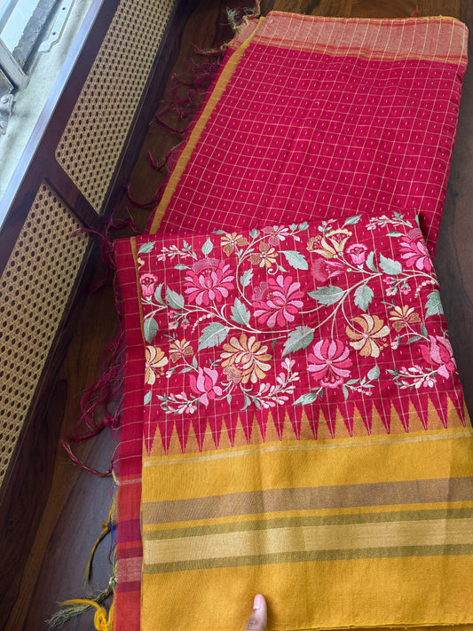 Semi Raw silk embroidered saree  - Red & Yellow