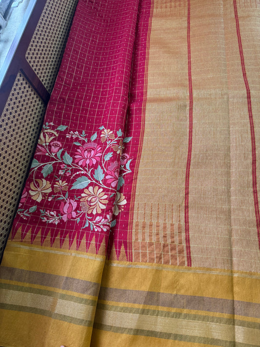 Semi Raw silk embroidered saree  - Red & Yellow