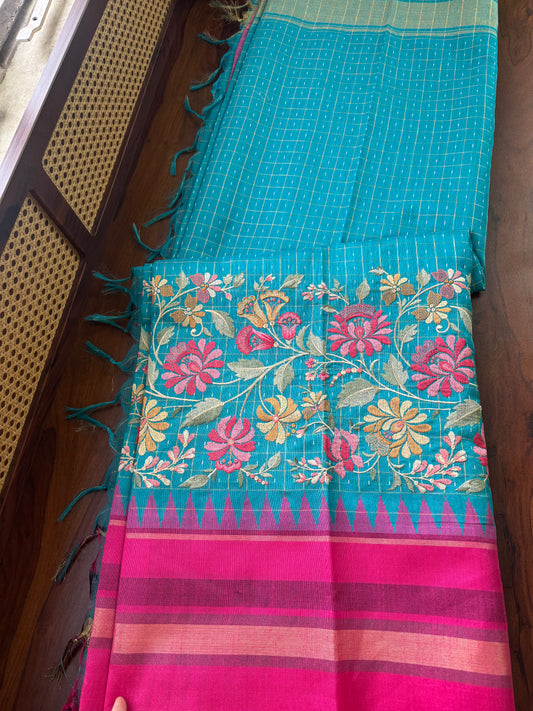 Semi Raw silk embroidered saree  - Blue