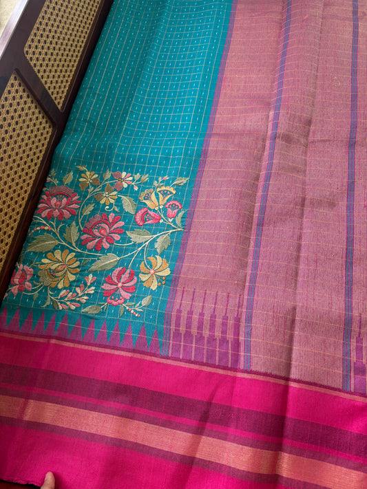 Semi Raw silk embroidered saree  - Blue