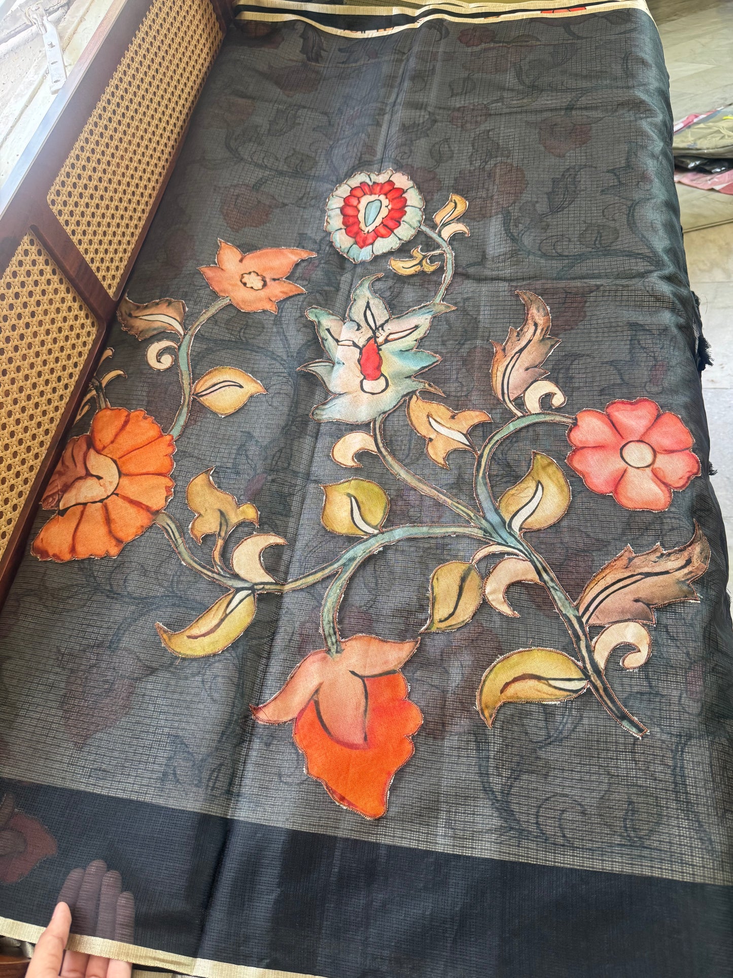 Soft Kota Saree with appliqué - Black