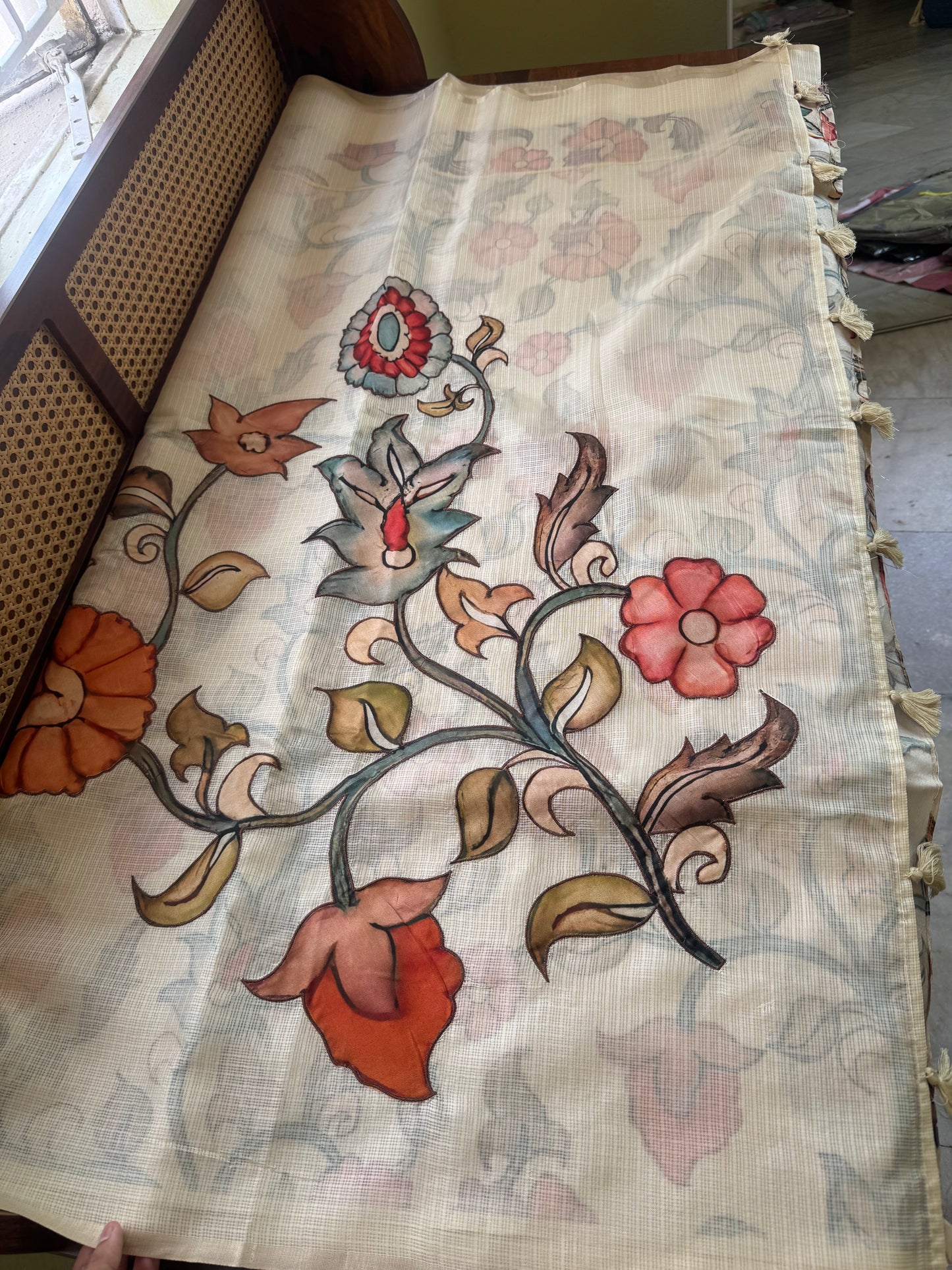 Soft Kota Saree with appliqué - Cream