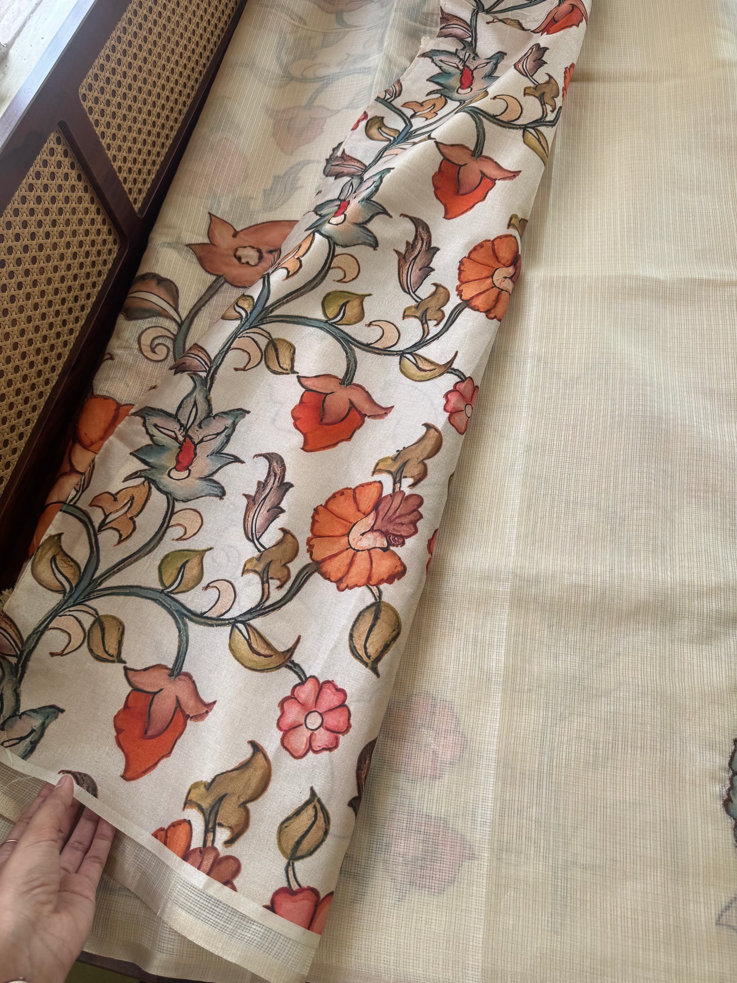 Soft Kota Saree with appliqué - Cream
