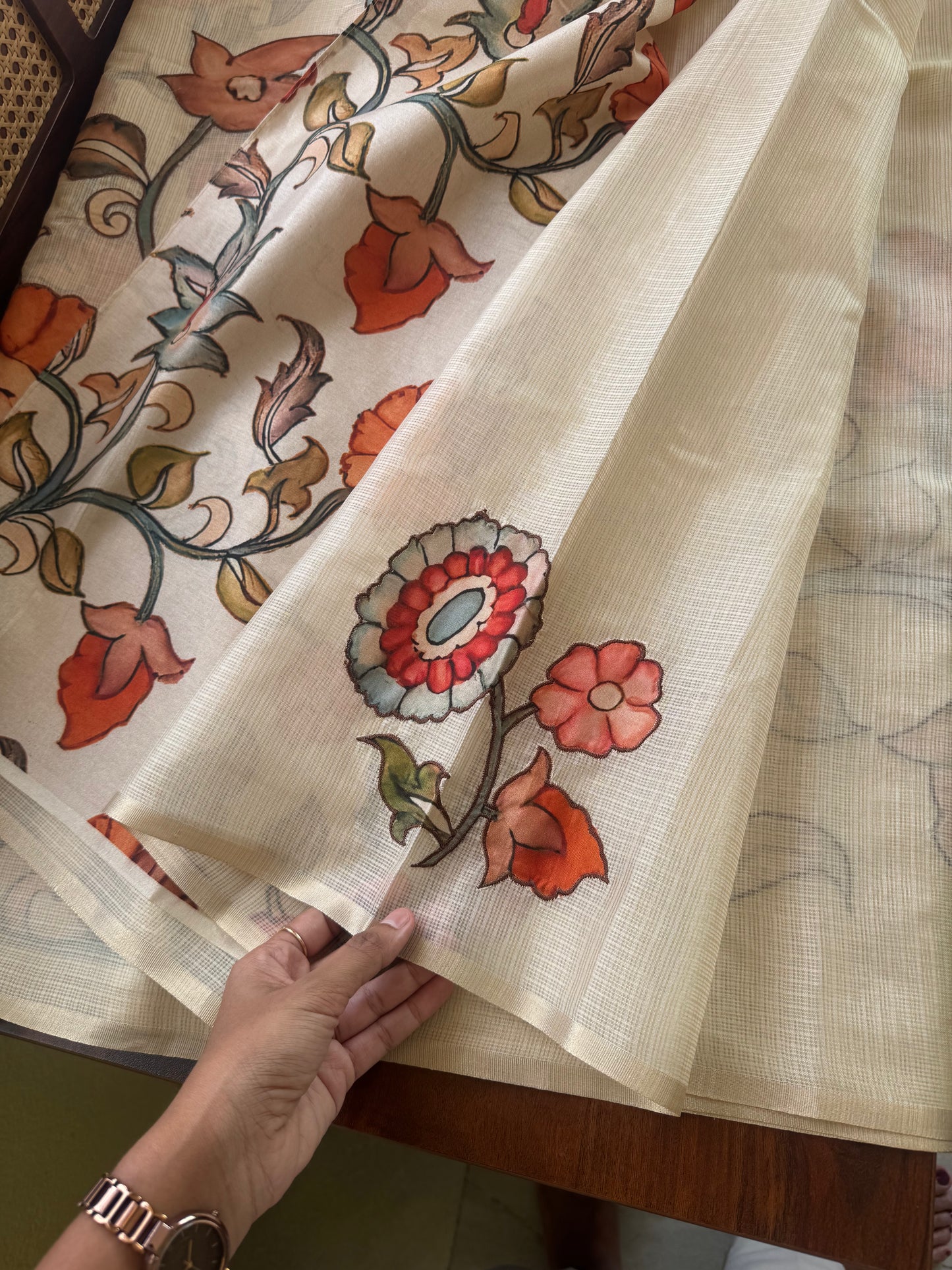 Soft Kota Saree with appliqué - Cream