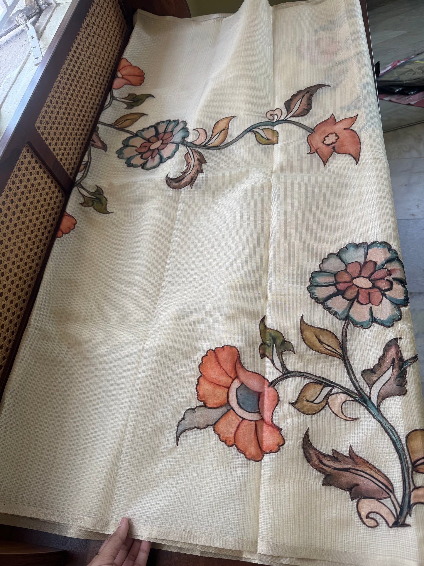 Soft Kota Saree with appliqué - Cream