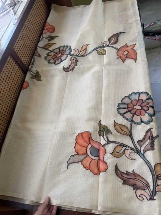 Soft Kota Saree with appliqué - Cream