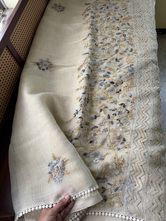 Premium Tissue Linen Sarees - Half White & Grey