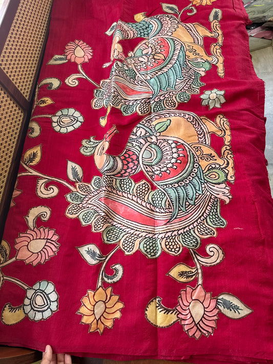 Semi Tussar Kalamkari Applique Sarees - Cherry Red