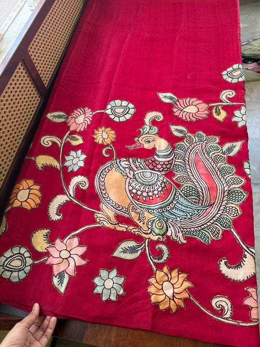 Semi Tussar Kalamkari Applique Sarees - Cherry Red