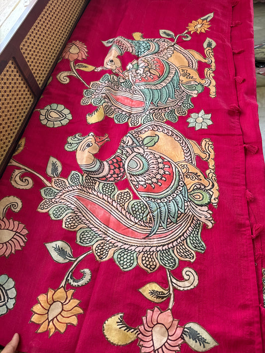 Semi Tussar Kalamkari Applique Sarees - Pink