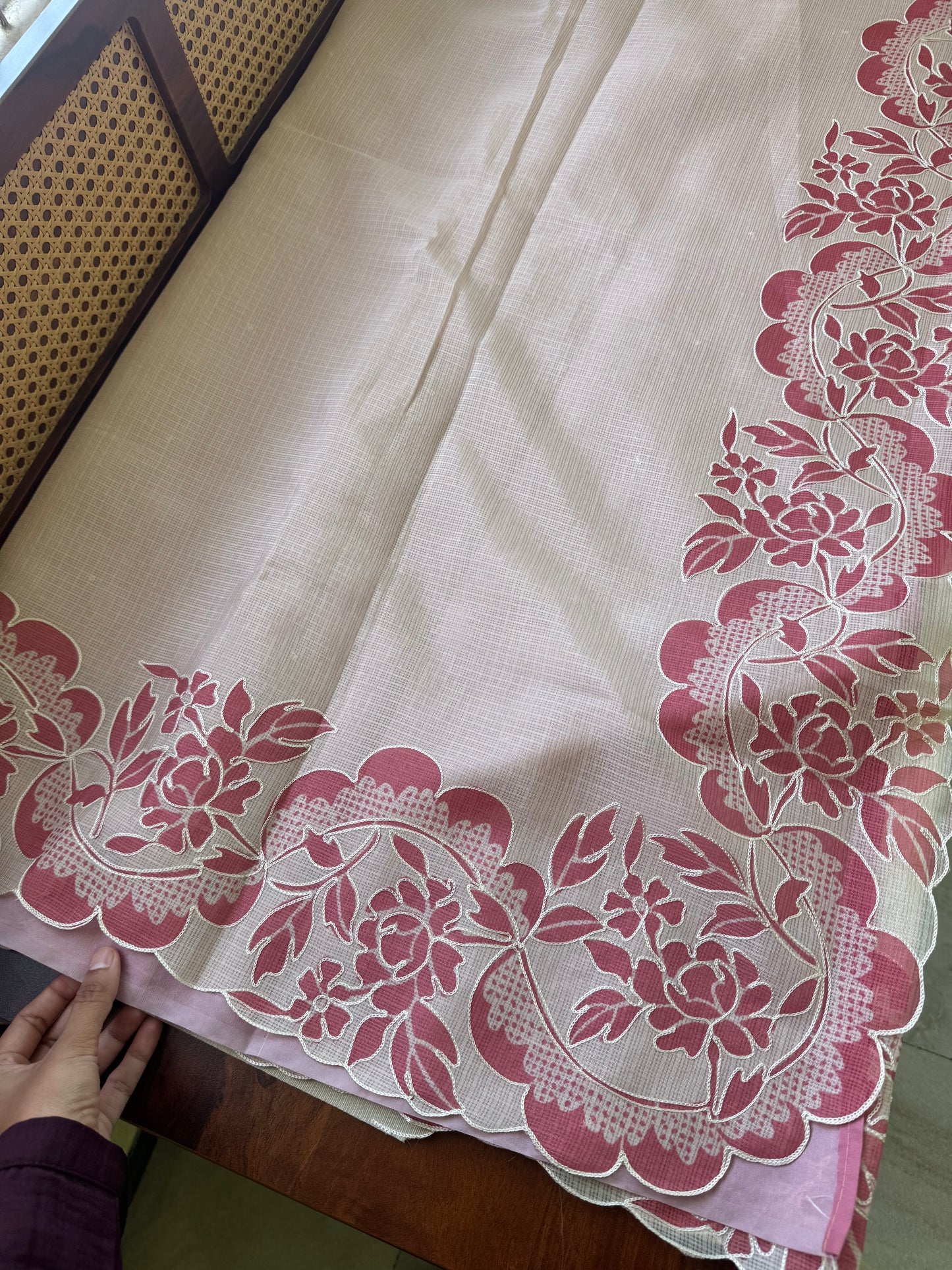 Soft Printed Kota Saree - Half White & Pink