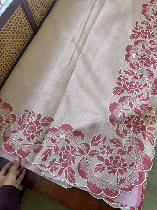 Soft Printed Kota Saree - Half White & Pink