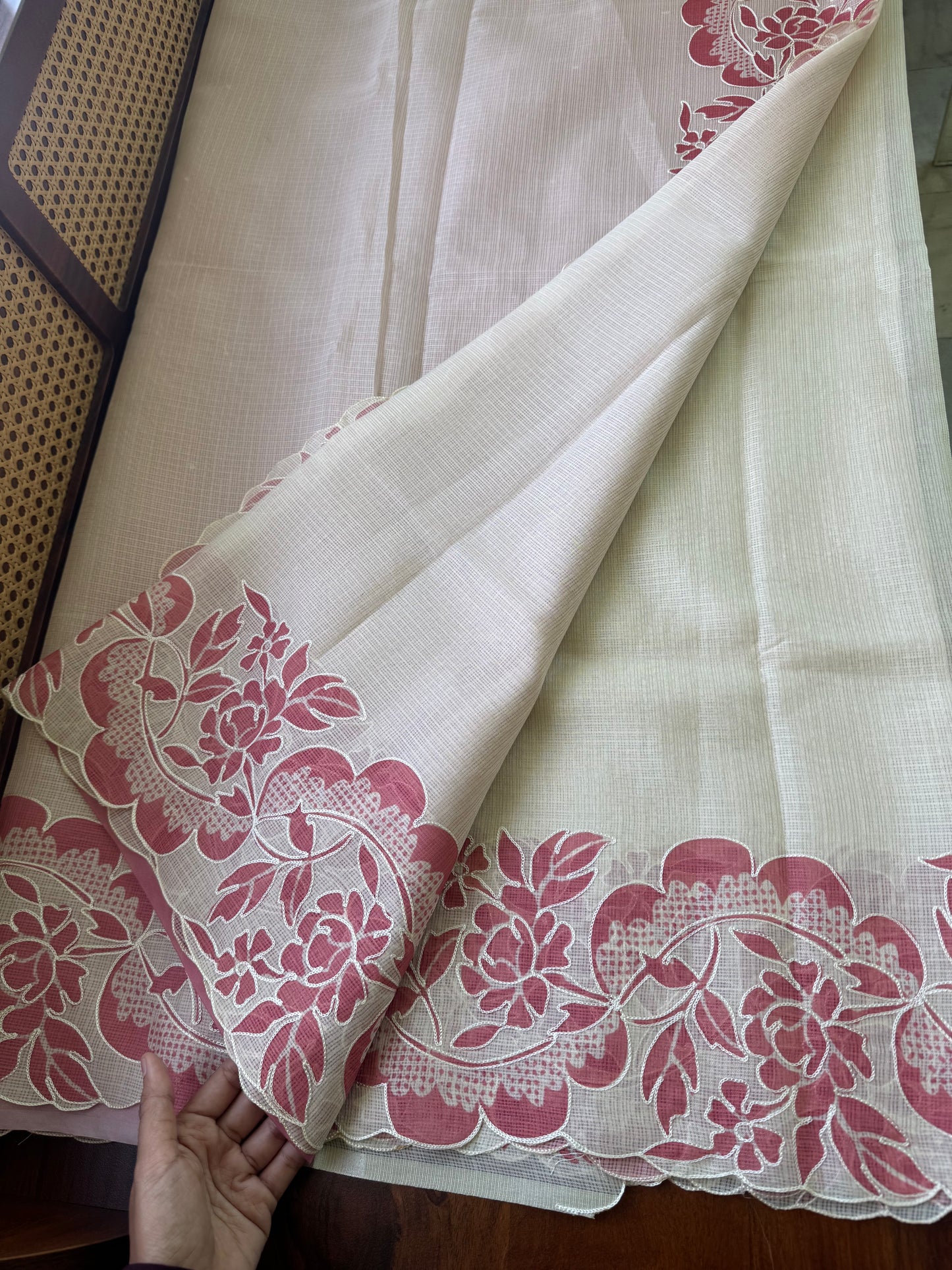 Soft Printed Kota Saree - Half White & Pink