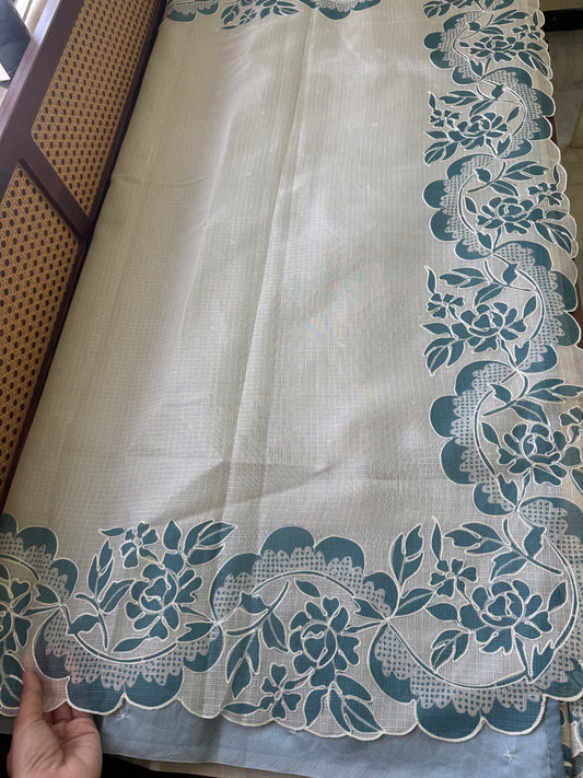 Soft Printed Kota Saree - Half White & Blue