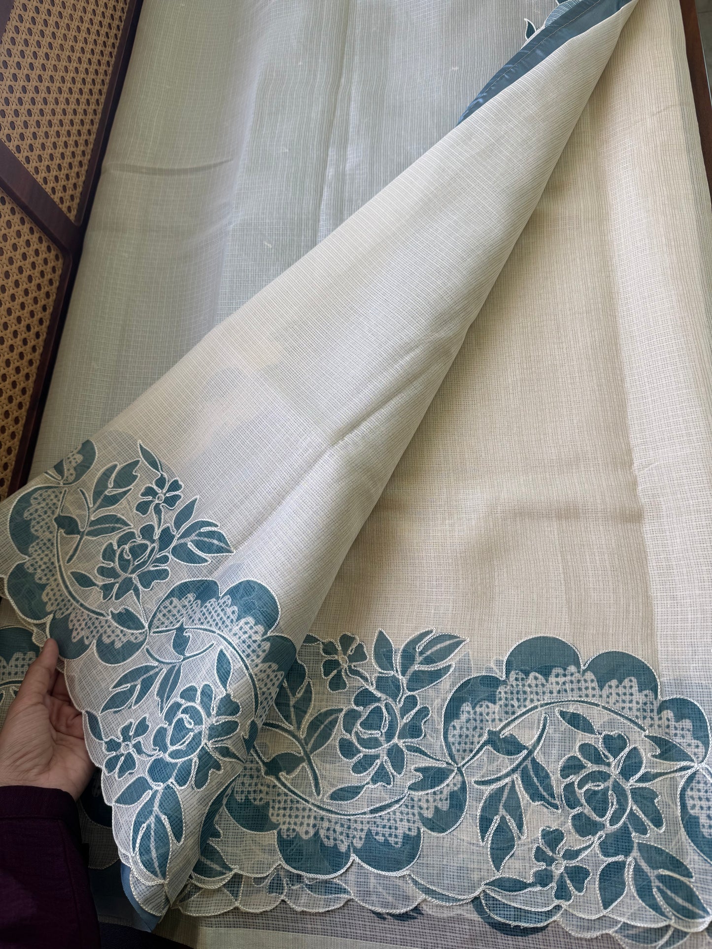 Soft Printed Kota Saree - Half White & Blue
