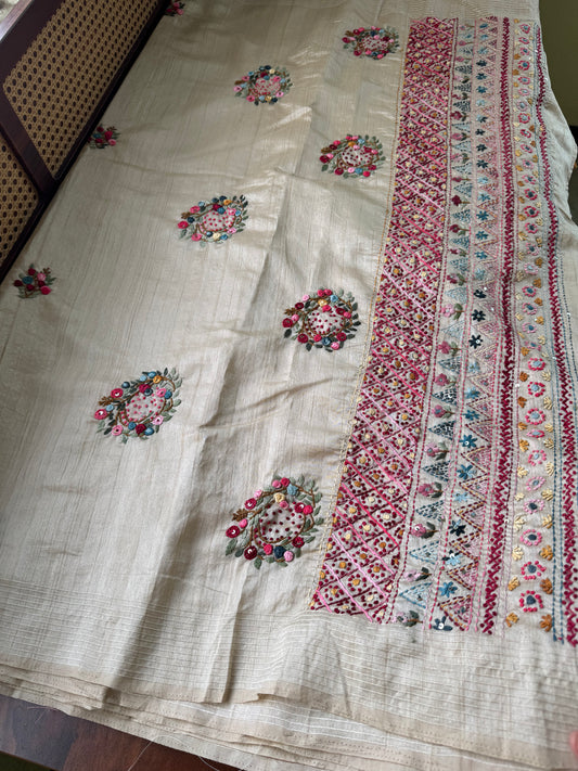 Premium Tussar Blend Saree with Handwork - Cream