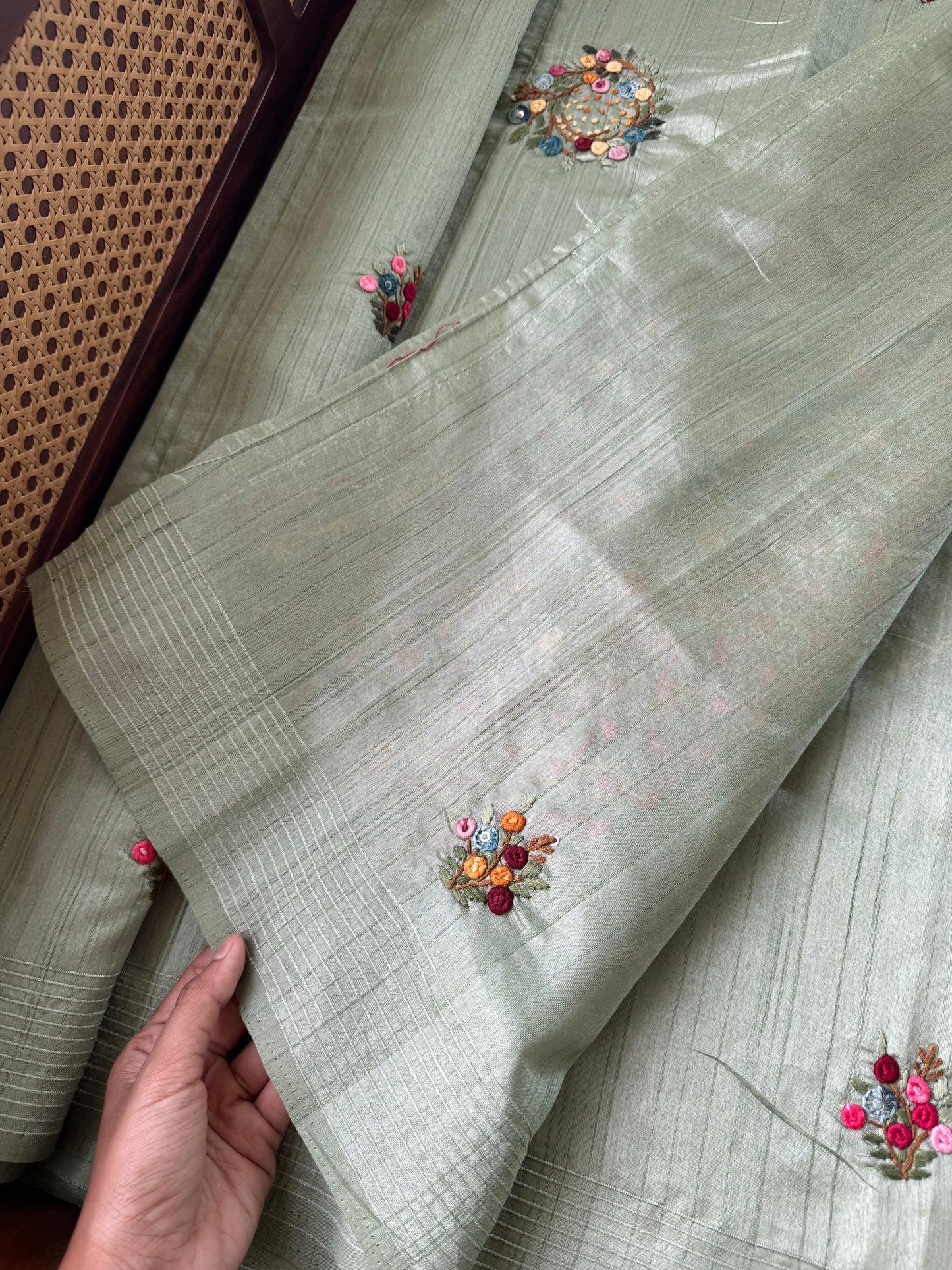 Premium Tussar Blend Saree with Handwork - Pastel Green