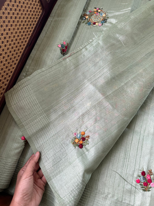 Premium Tussar Blend Saree with Handwork - Pastel Green