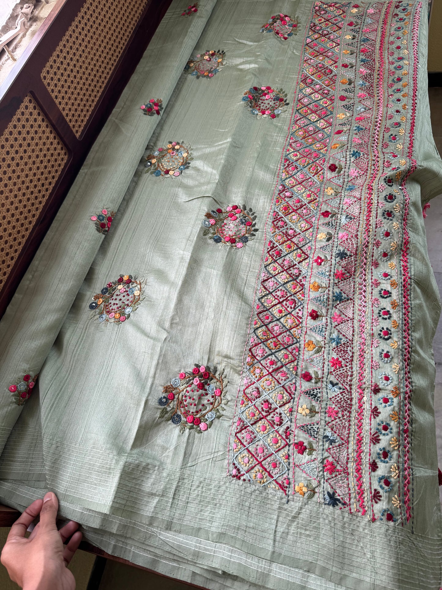 Premium Tussar Blend Saree with Handwork - Pastel Green