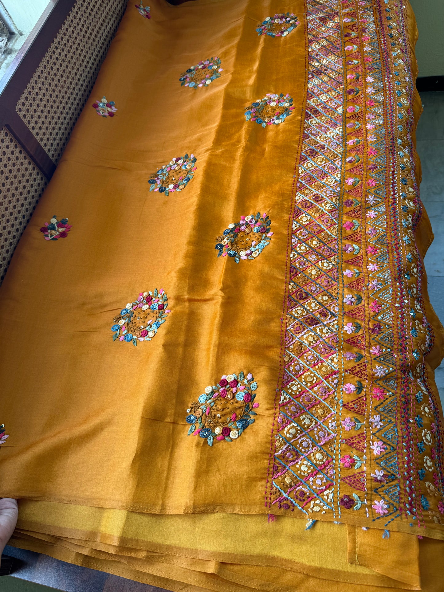Premium Tussar Blend Saree with Handwork - Yellow Orange