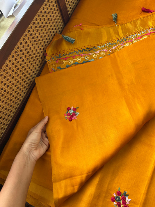 Premium Tussar Blend Saree with Handwork - Yellow Orange