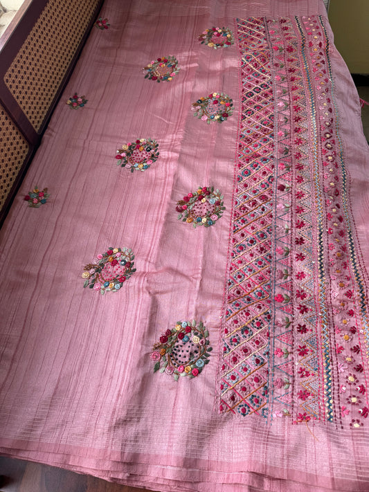 Premium Tussar Blend Saree with Handwork - Pastel Pink